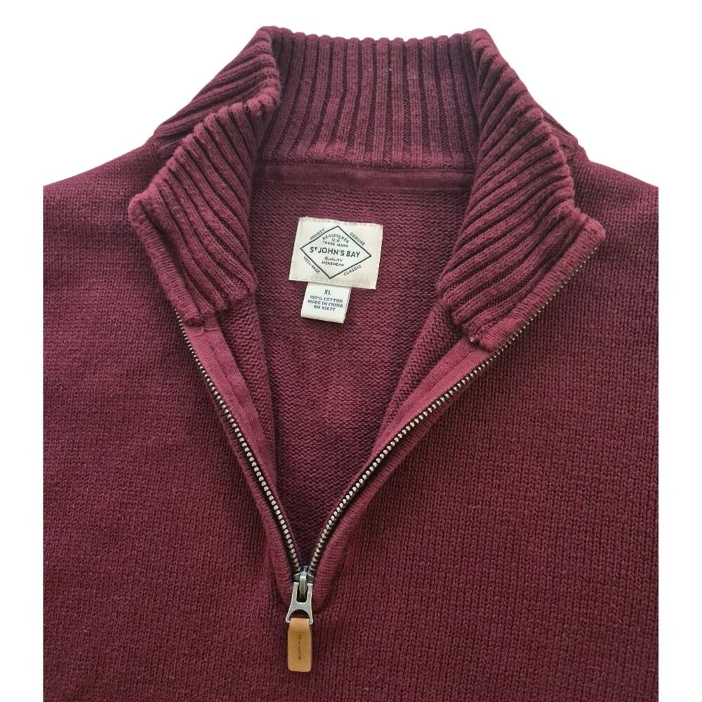 St. John's Bay Quarter Zip 100% Cotton Heavy Knit Sweater Maroon Red Size XL
